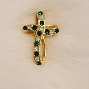 VINtage‎ Green Rhinestone Cross Pendant Gold Tone Metal Christian Religious 7017